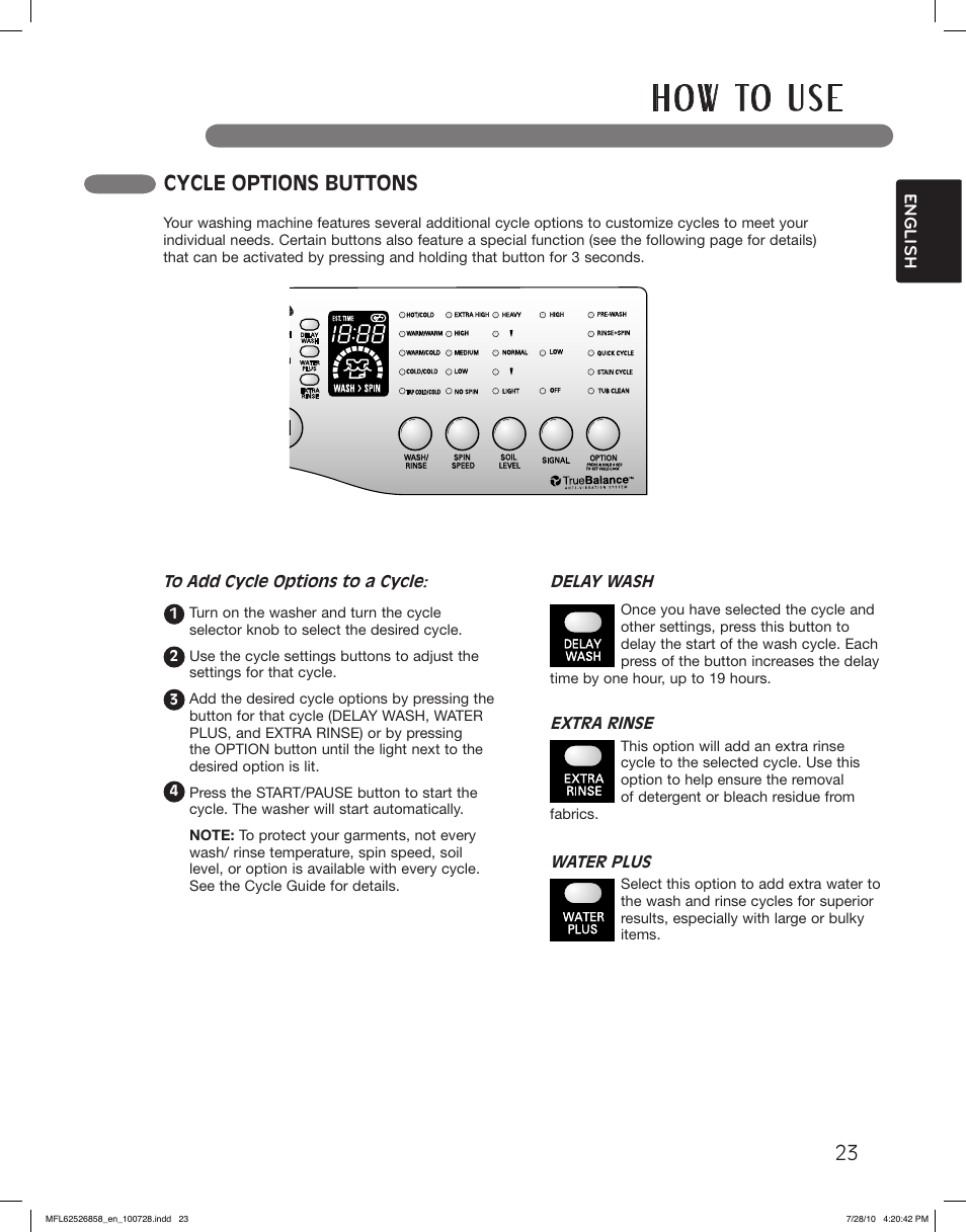 H o w to u s e, Cycle options buttons | LG WM2140CW User Manual | Page 23 / 68