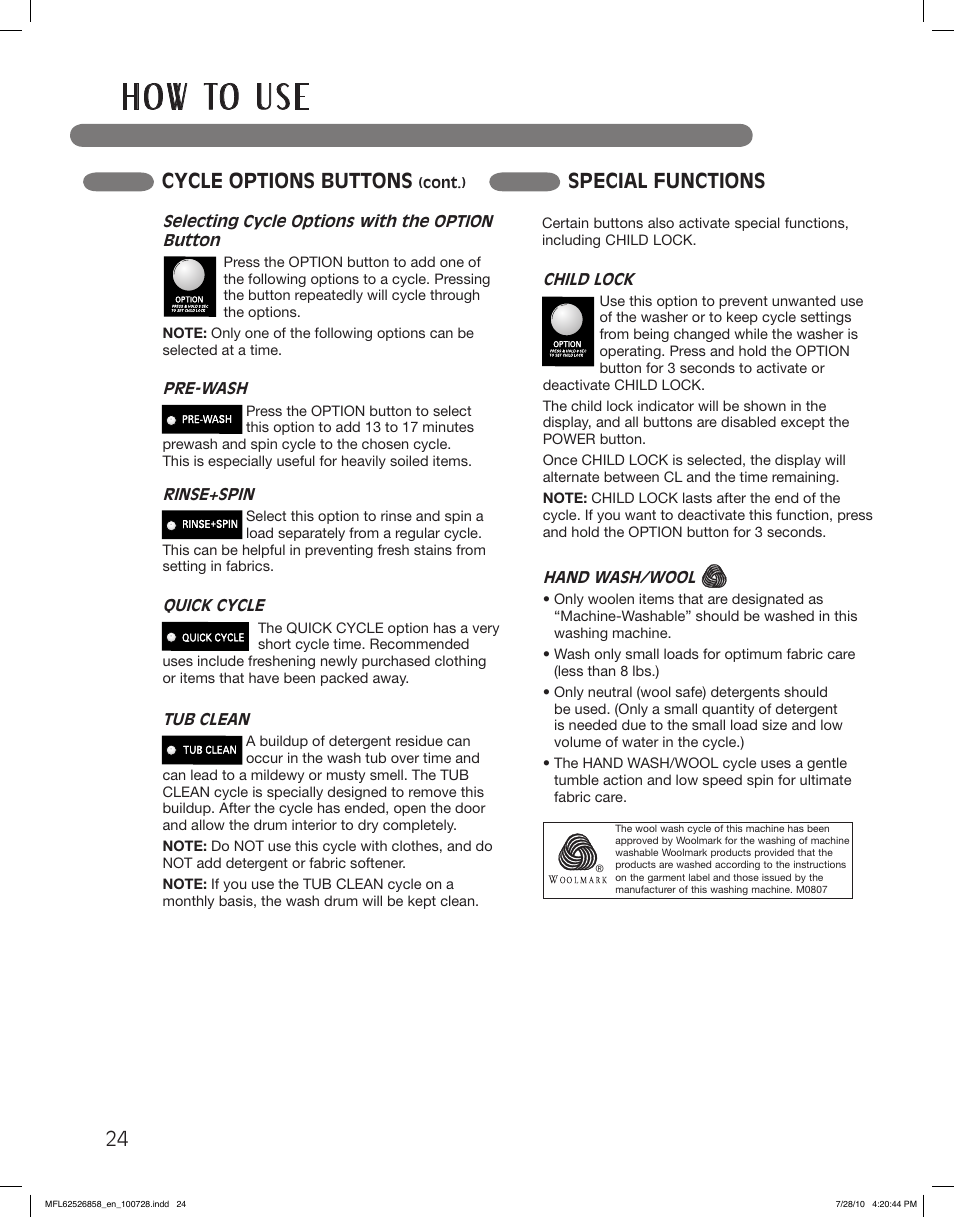 H o w to u s e, Cycle options buttons, Special functions | LG WM2140CW User Manual | Page 24 / 68