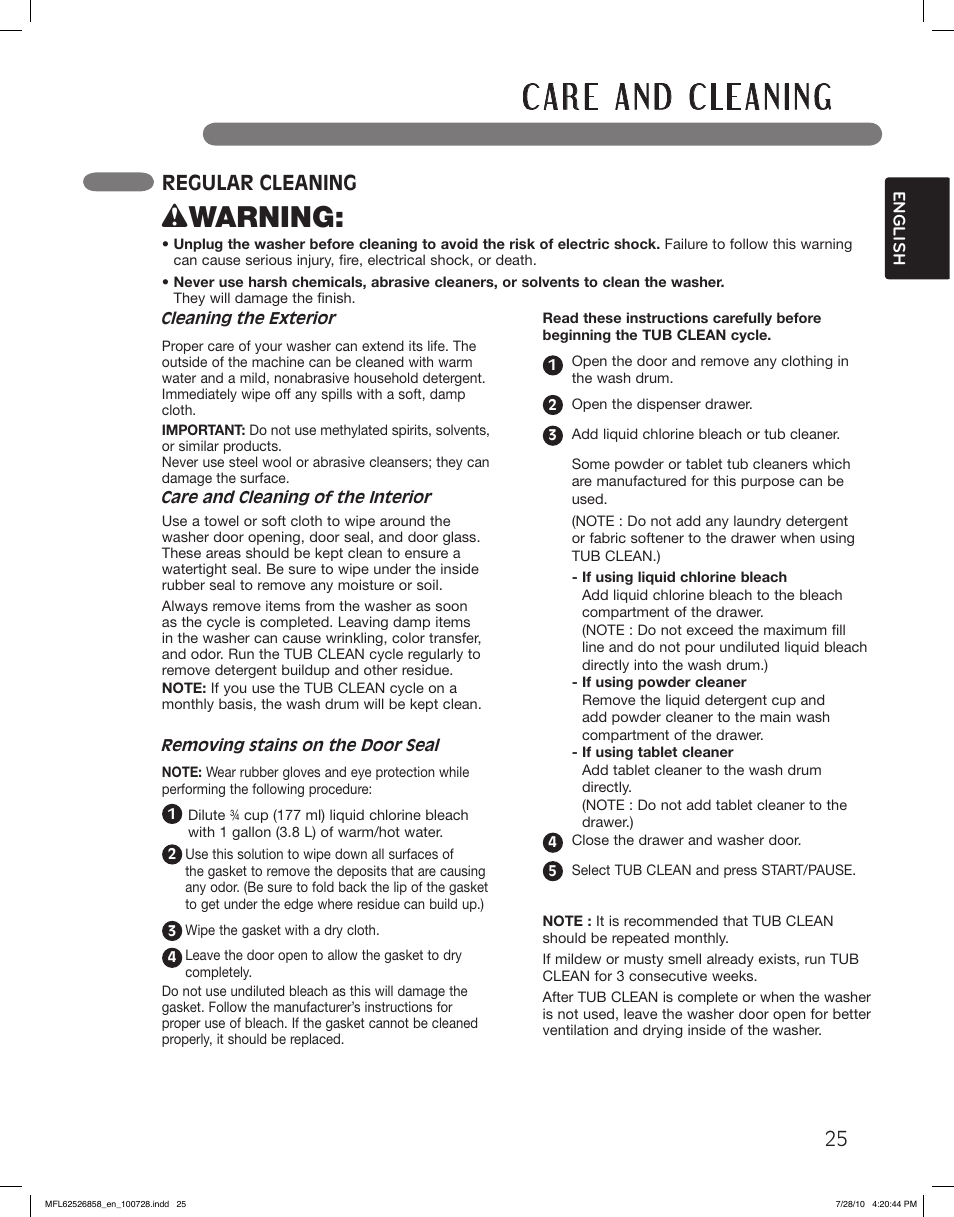 Wwarning, Regular cleaning | LG WM2140CW User Manual | Page 25 / 68