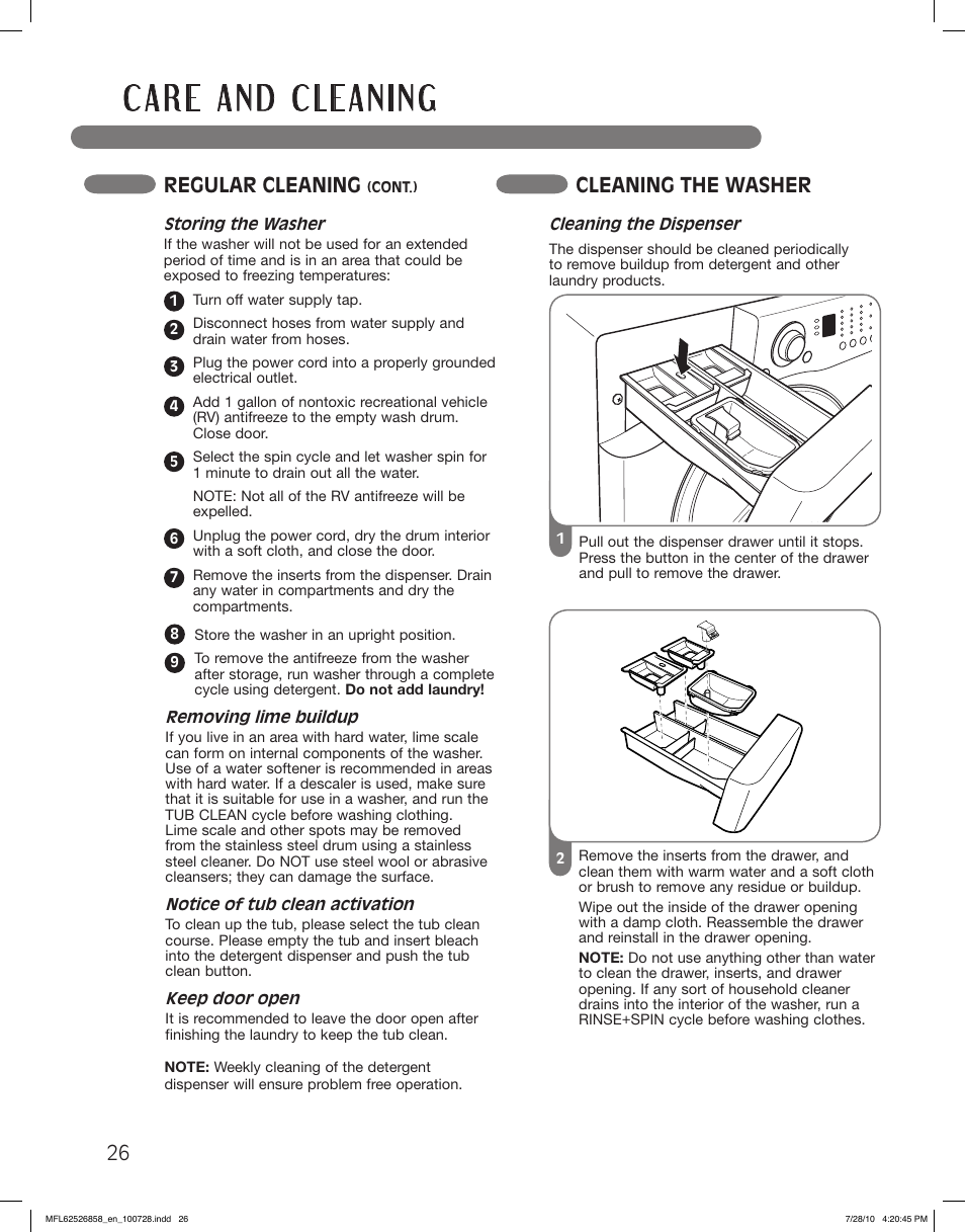 Regular cleaning, Cleaning the washer | LG WM2140CW User Manual | Page 26 / 68