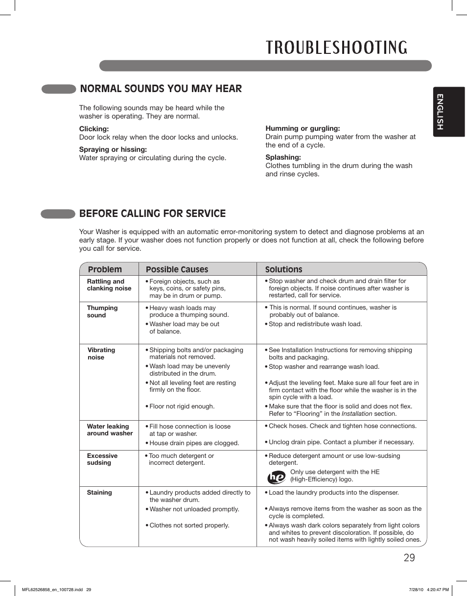 Normal sounds you may hear, Before calling for service | LG WM2140CW User Manual | Page 29 / 68