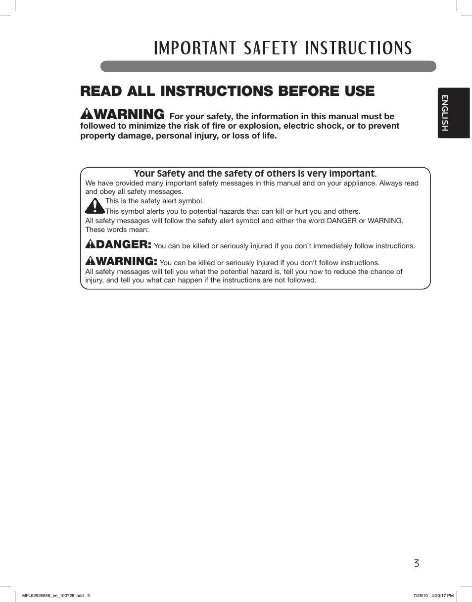 Wwarning, Read all instructions before use, Wdanger | LG WM2140CW User Manual | Page 3 / 68
