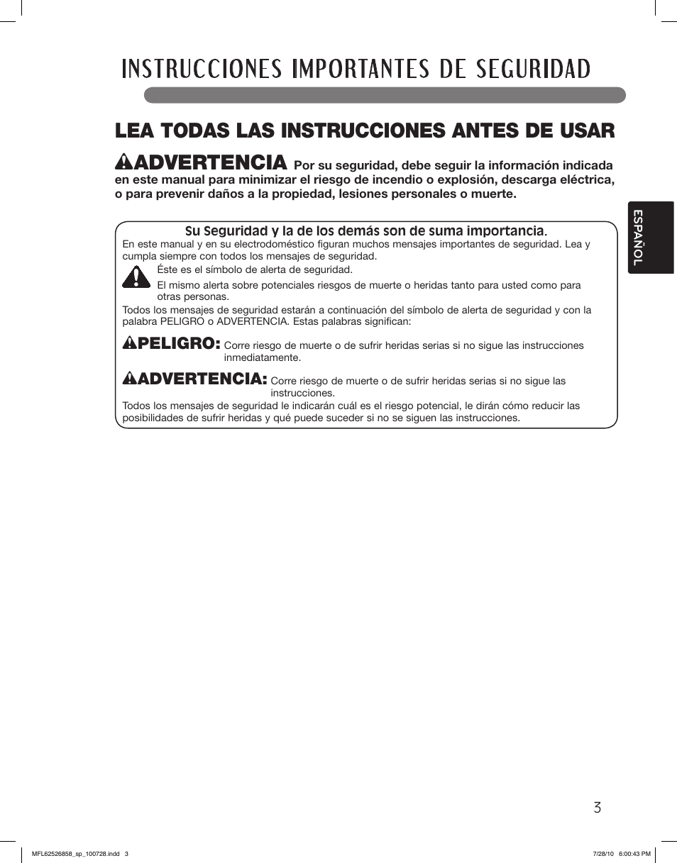 Lea todas las instrucciones antes de usar, Wpeligro, Wadvertencia | LG WM2140CW User Manual | Page 37 / 68