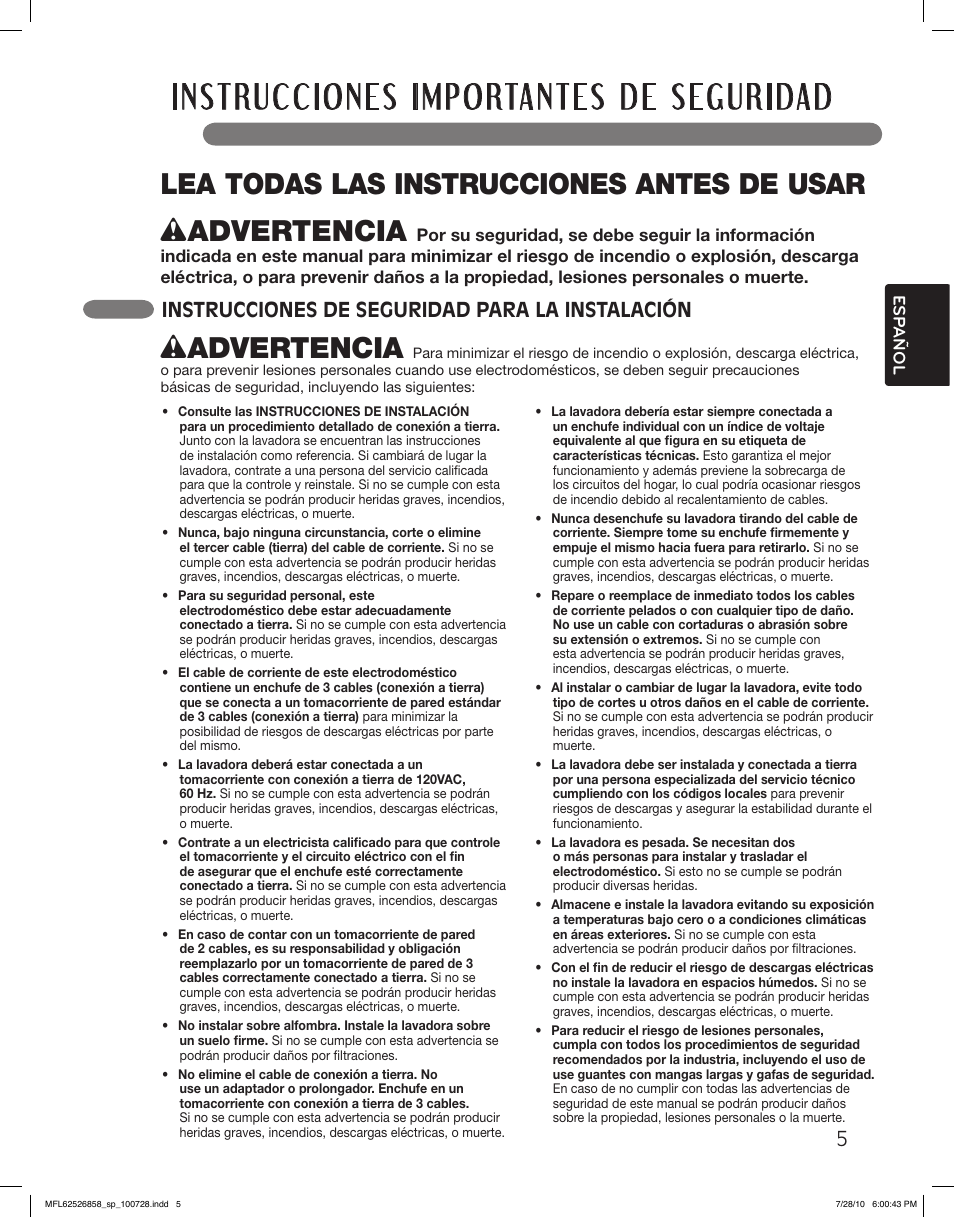 Wadvertencia, Instrucciones de seguridad para la instalación | LG WM2140CW User Manual | Page 39 / 68