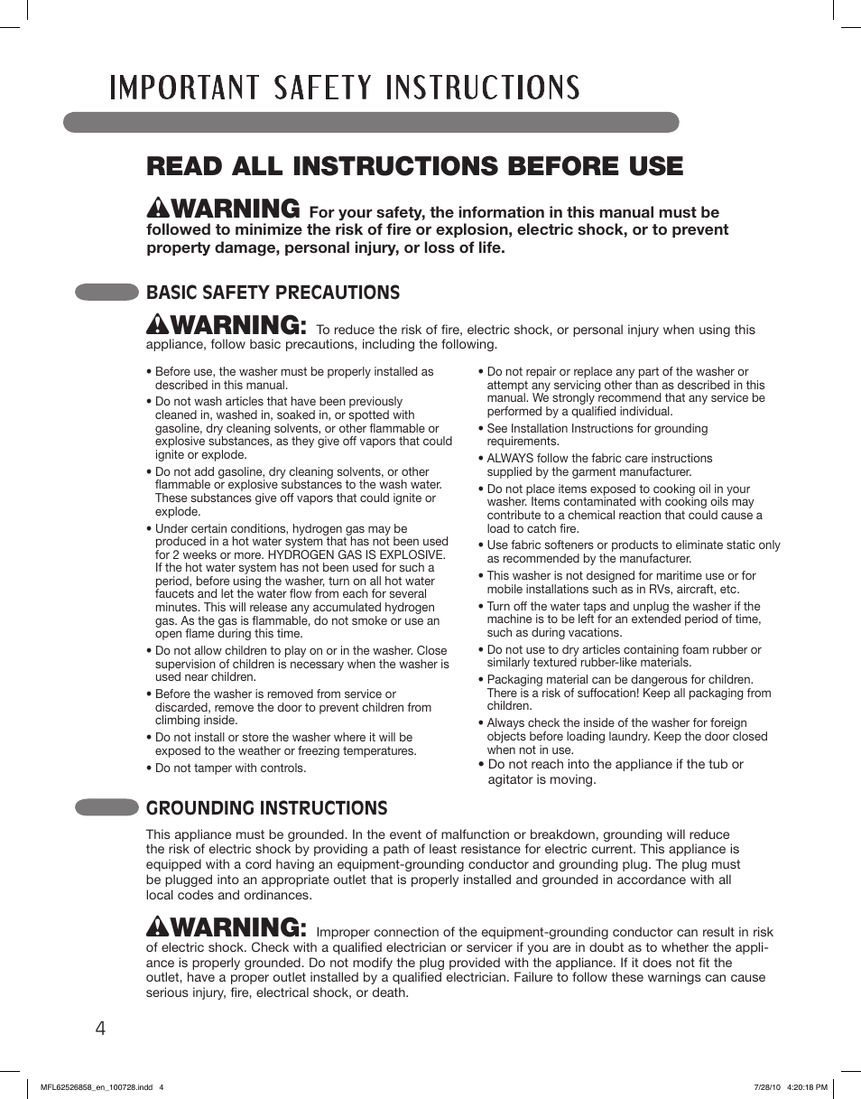 Wwarning, Read all instructions before use, Basic safety precautions | Grounding instructions | LG WM2140CW User Manual | Page 4 / 68