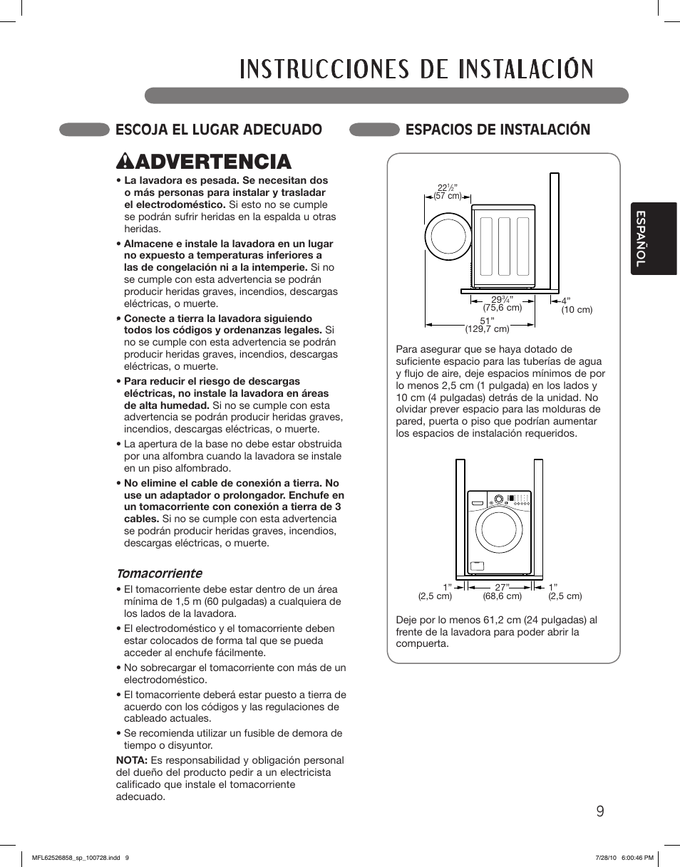 Wadvertencia, Escoja el lugar adecuado espacios de instalación | LG WM2140CW User Manual | Page 43 / 68
