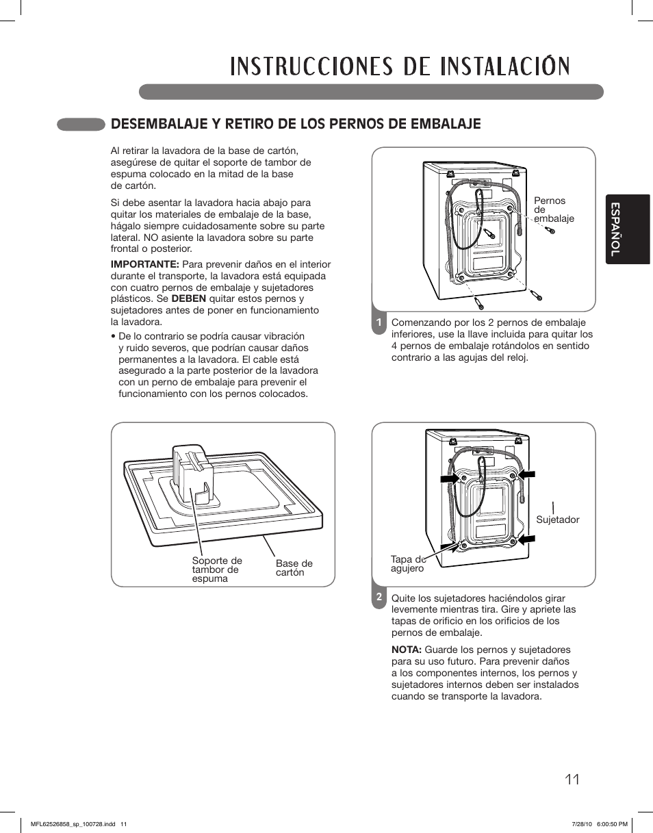 Desembalaje y retiro de los pernos de embalaje | LG WM2140CW User Manual | Page 45 / 68