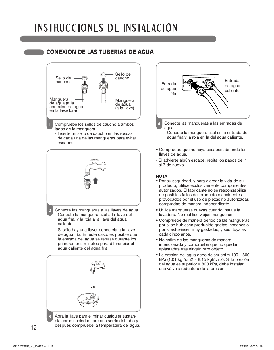 Conexión de las tuberías de agua | LG WM2140CW User Manual | Page 46 / 68