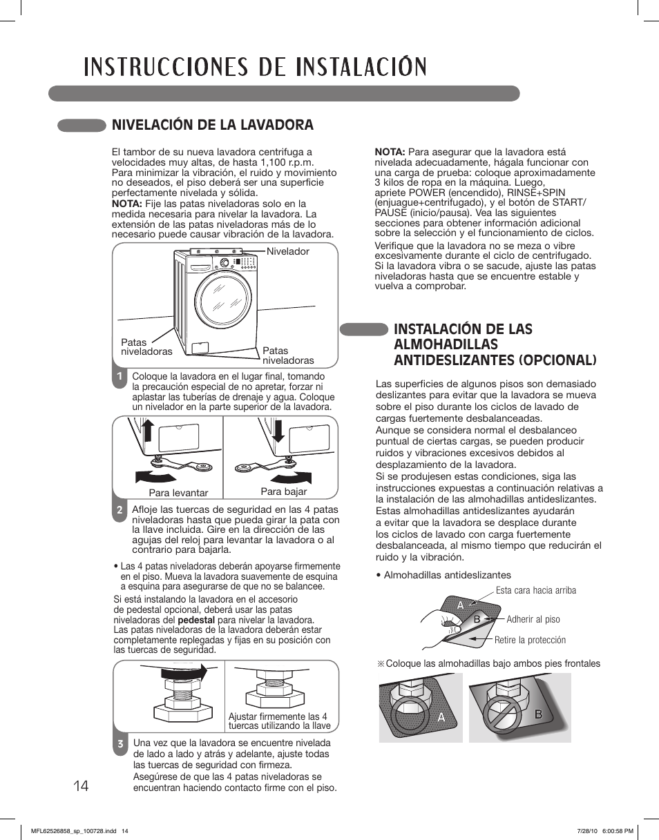 Nivelación de la lavadora | LG WM2140CW User Manual | Page 48 / 68