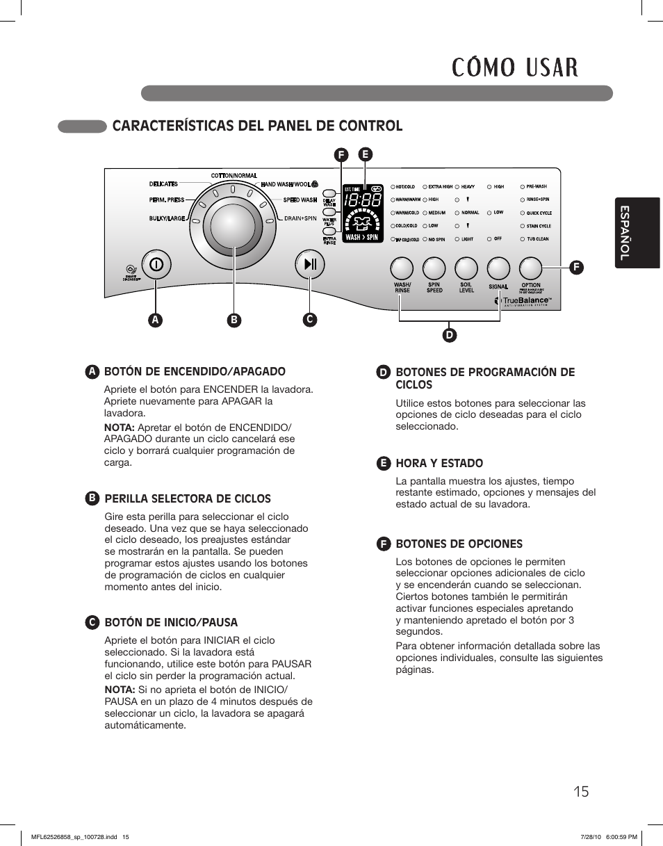 Características del panel de control | LG WM2140CW User Manual | Page 49 / 68