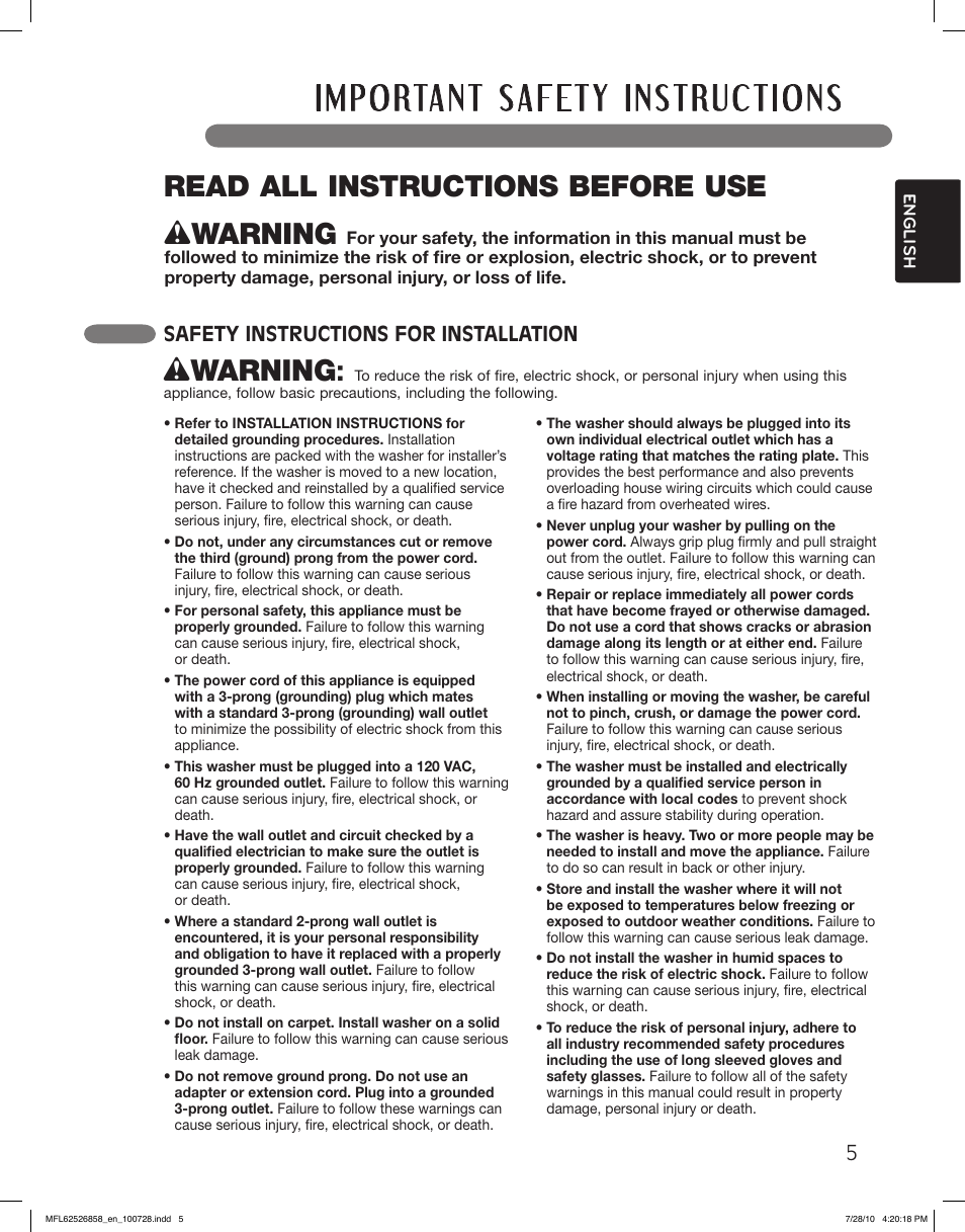 Wwarning, Read all instructions before use, Safety instructions for installation | LG WM2140CW User Manual | Page 5 / 68