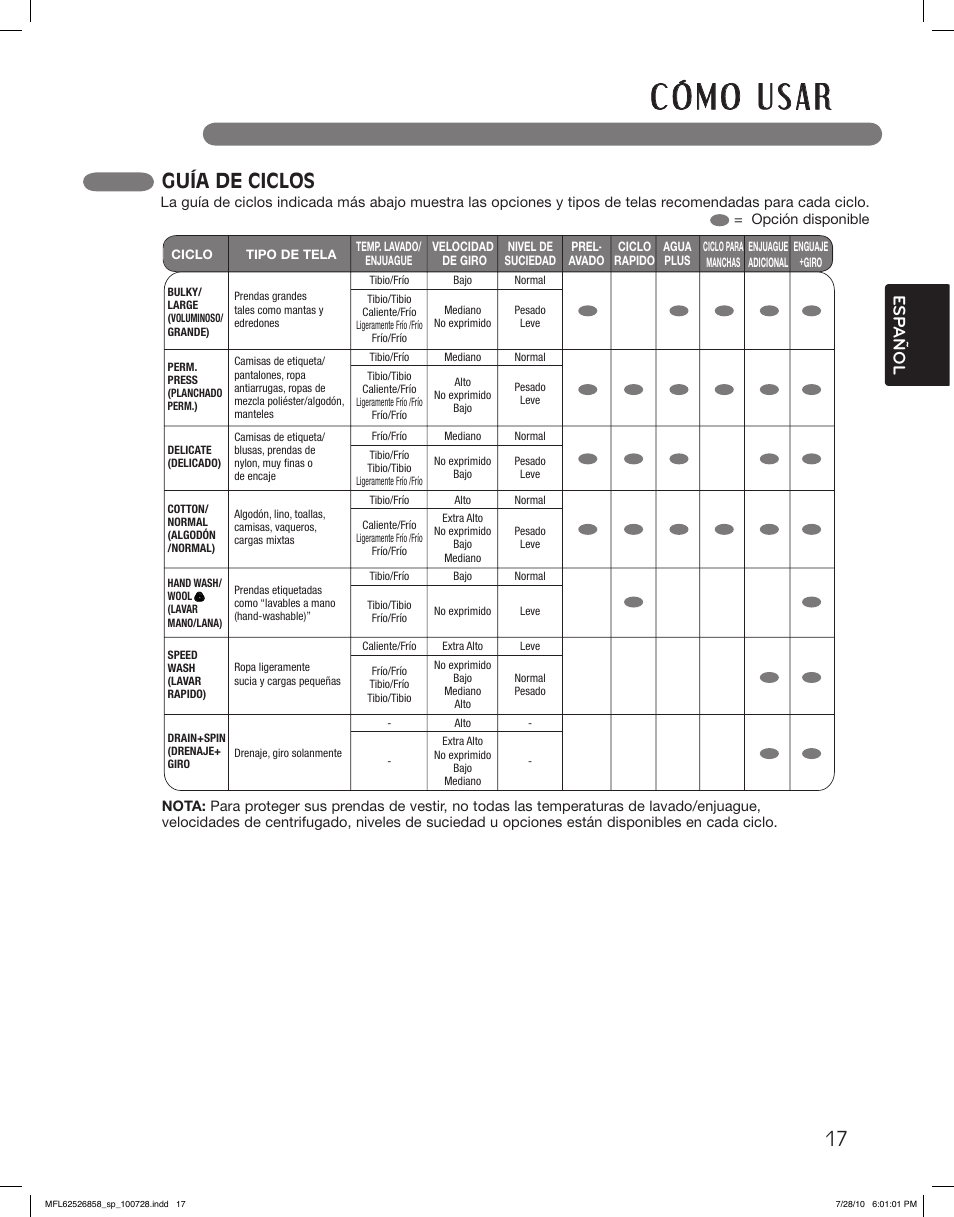 Guía de ciclos, Esp añol | LG WM2140CW User Manual | Page 51 / 68