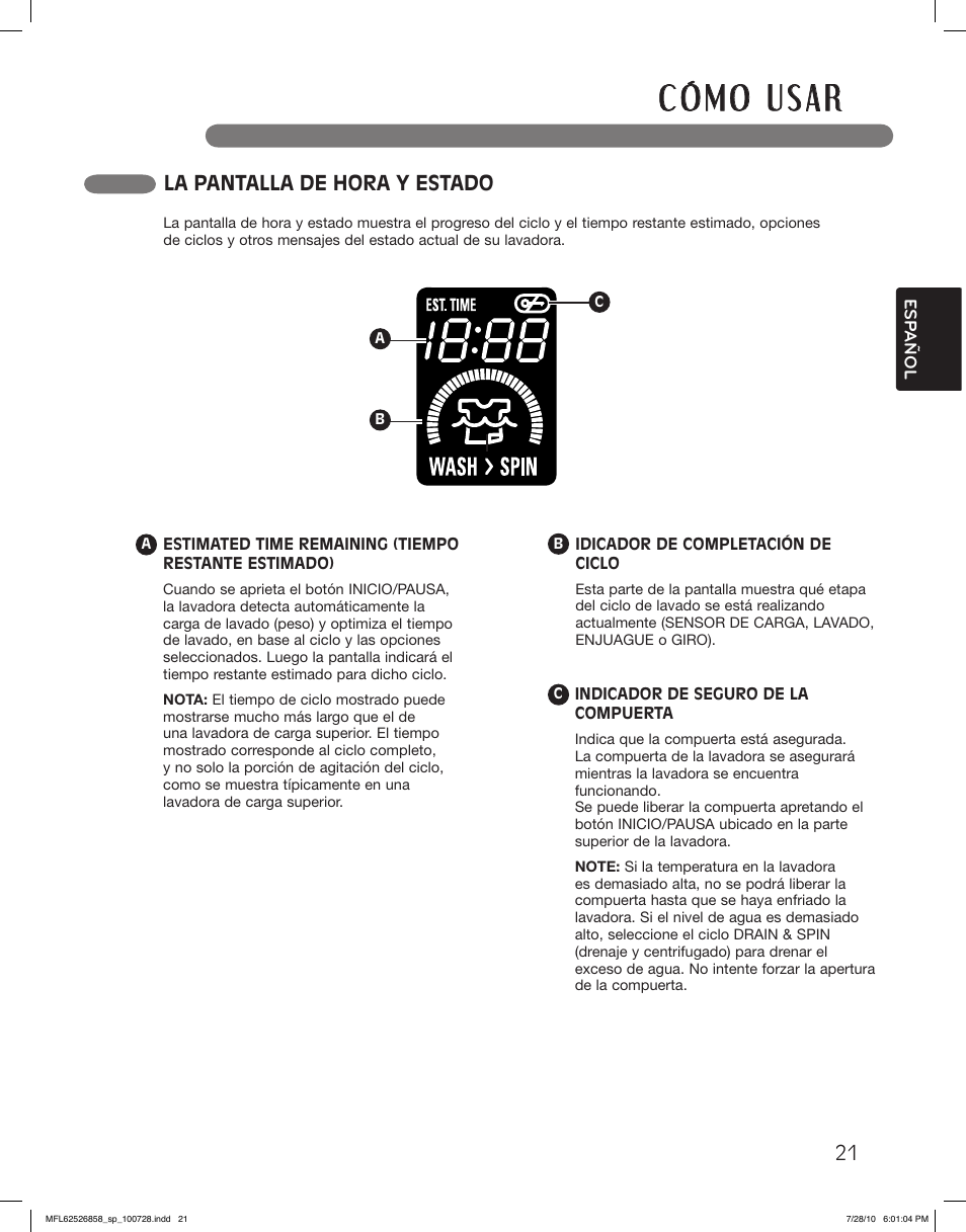 La pantalla de hora y estado | LG WM2140CW User Manual | Page 55 / 68