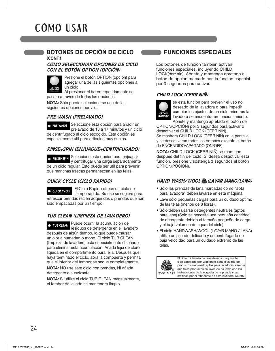 Botones de opción de ciclo, Funciones especiales | LG WM2140CW User Manual | Page 58 / 68
