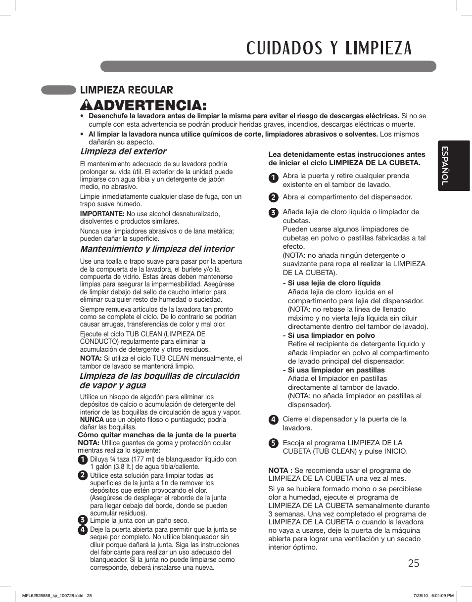 Wadvertencia, Limpieza regular | LG WM2140CW User Manual | Page 59 / 68