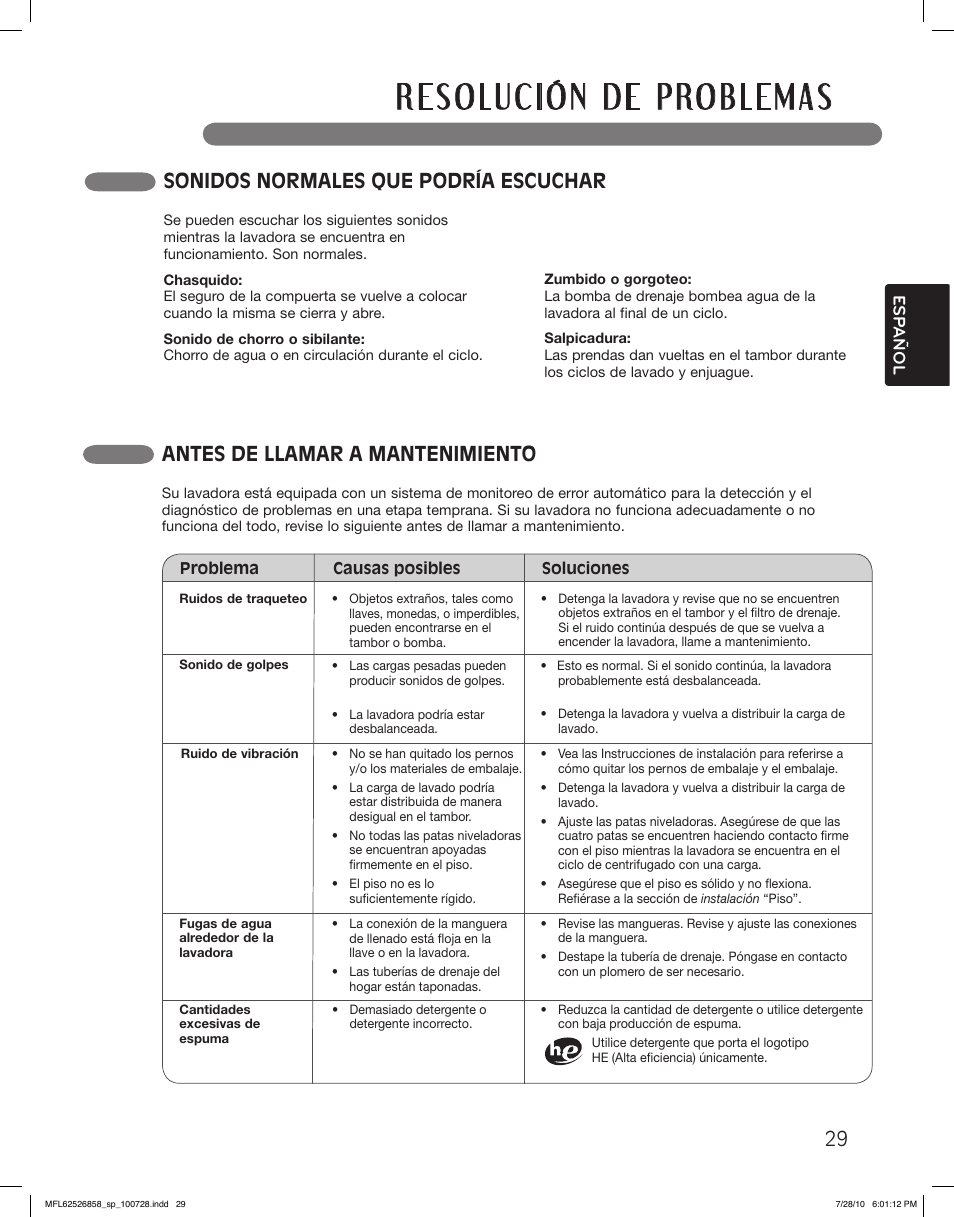 Sonidos normales que podría escuchar, Antes de llamar a mantenimiento | LG WM2140CW User Manual | Page 63 / 68