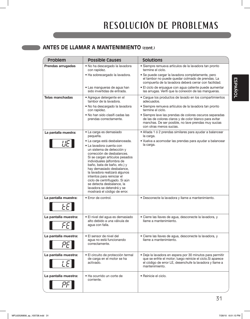 Antes de llamar a mantenimiento, Esp añol | LG WM2140CW User Manual | Page 65 / 68