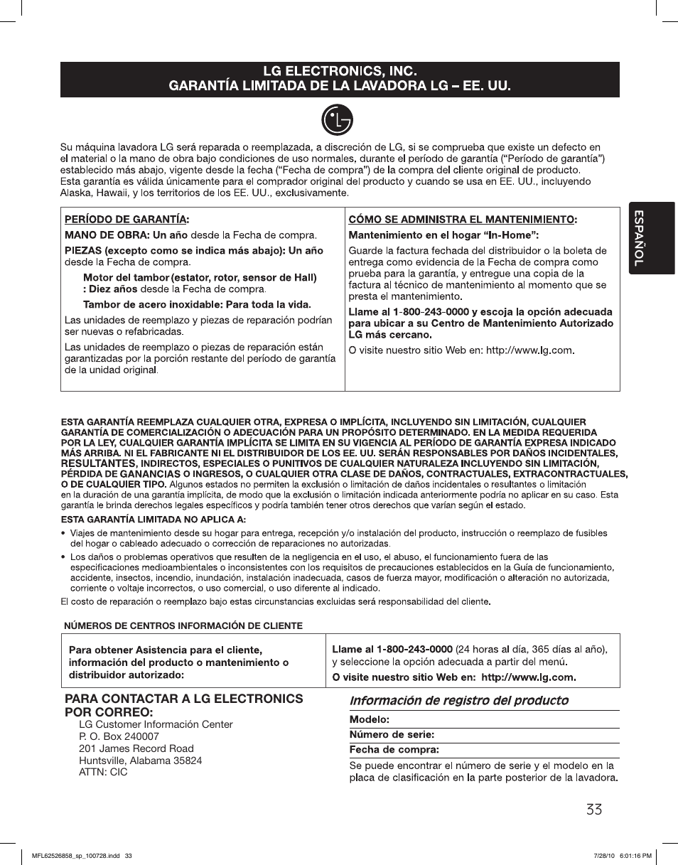 Esp añol, Para contactar a lg electronics por correo | LG WM2140CW User Manual | Page 67 / 68