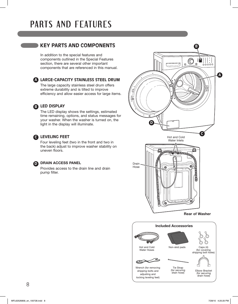 Key parts and components | LG WM2140CW User Manual | Page 8 / 68