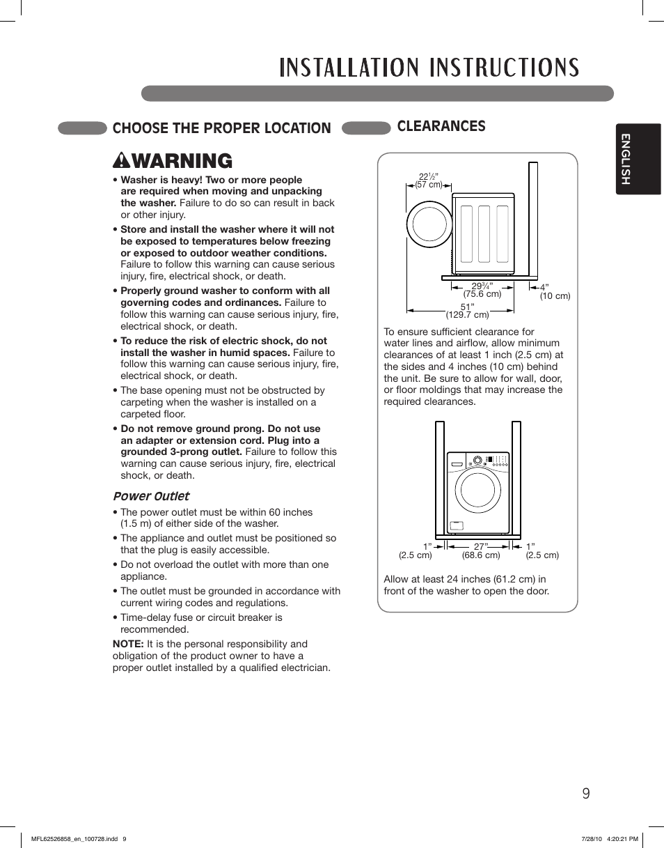 Wwarning, Choose the proper location clearances | LG WM2140CW User Manual | Page 9 / 68