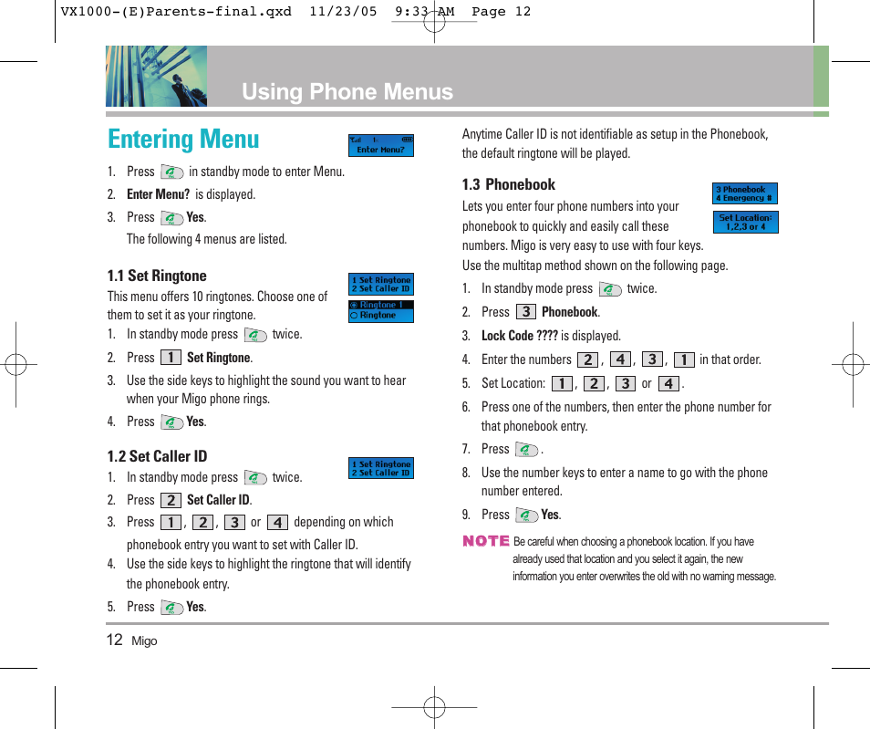 Entering menu, Using phone menus | LG VX1000 User Manual | Page 15 / 68