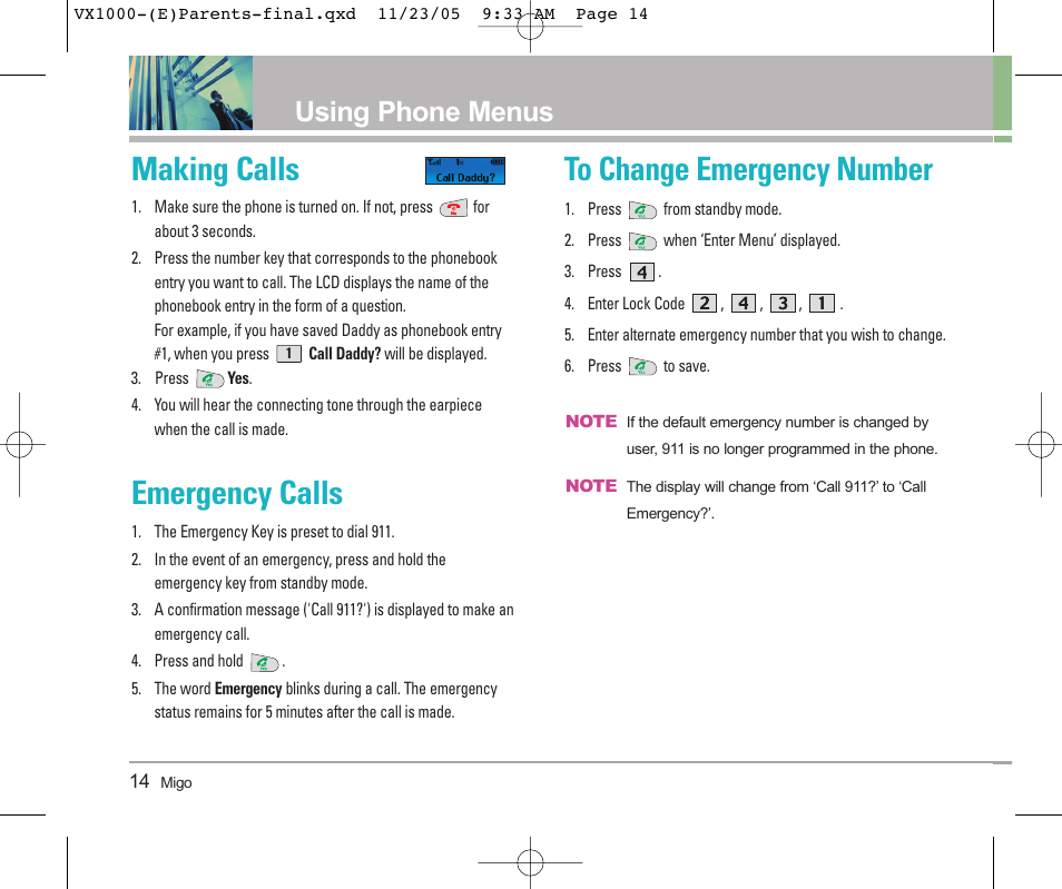 Making calls, Emergency calls, Using phone menus | LG VX1000 User Manual | Page 17 / 68