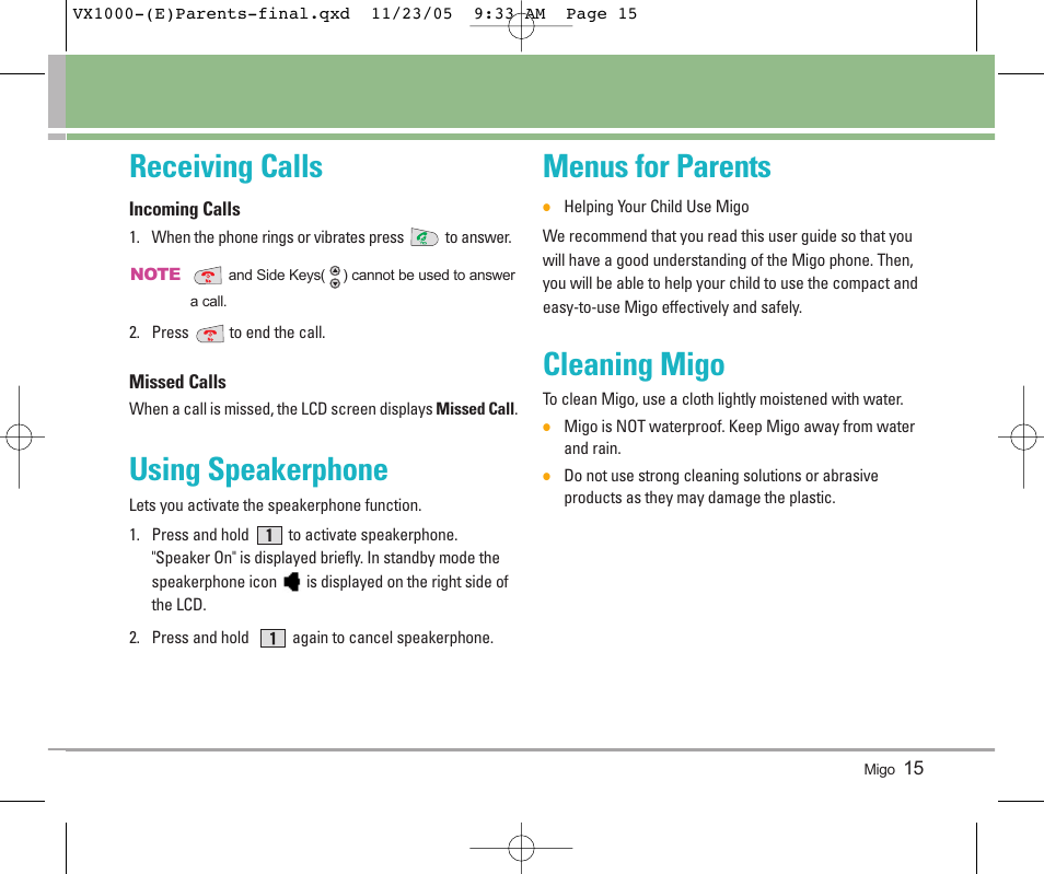 Receiving calls, Using speakerphone, Menus for parents | Cleaning migo | LG VX1000 User Manual | Page 18 / 68