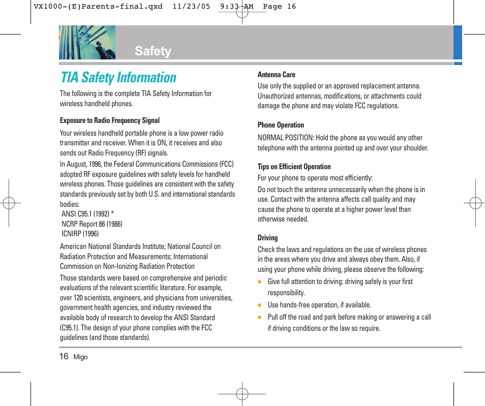 Tia safety information, Safety | LG VX1000 User Manual | Page 19 / 68