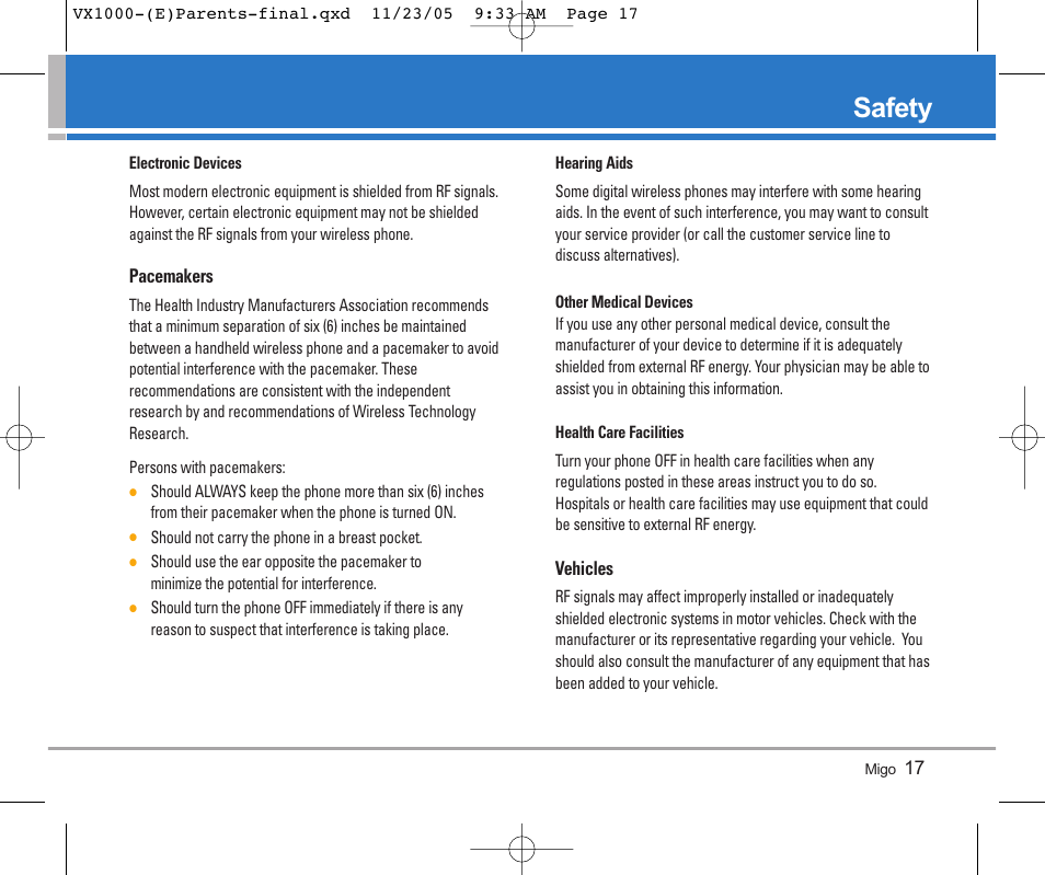 Safety | LG VX1000 User Manual | Page 20 / 68