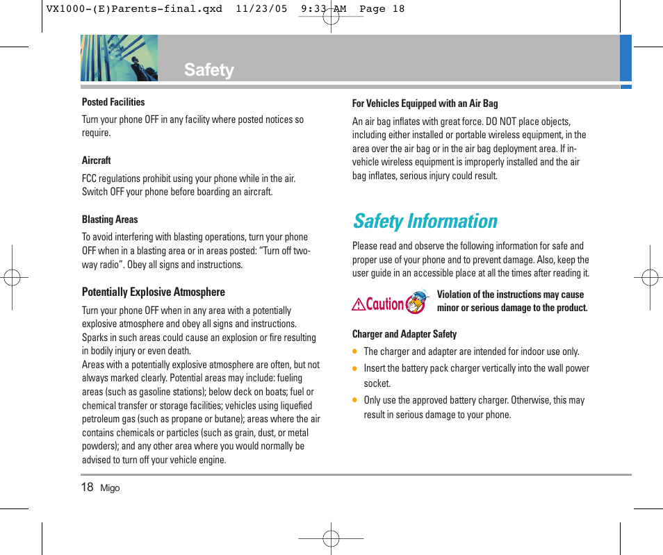 Safety information, Safety, Caution | LG VX1000 User Manual | Page 21 / 68