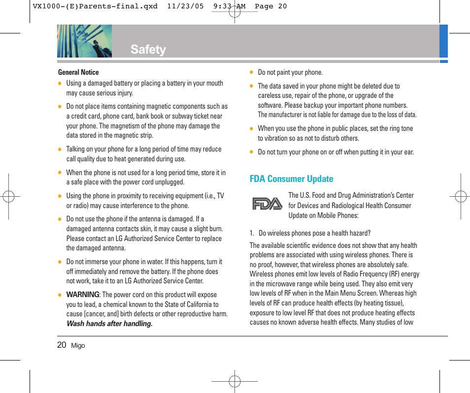 Safety, Fda consumer update | LG VX1000 User Manual | Page 23 / 68