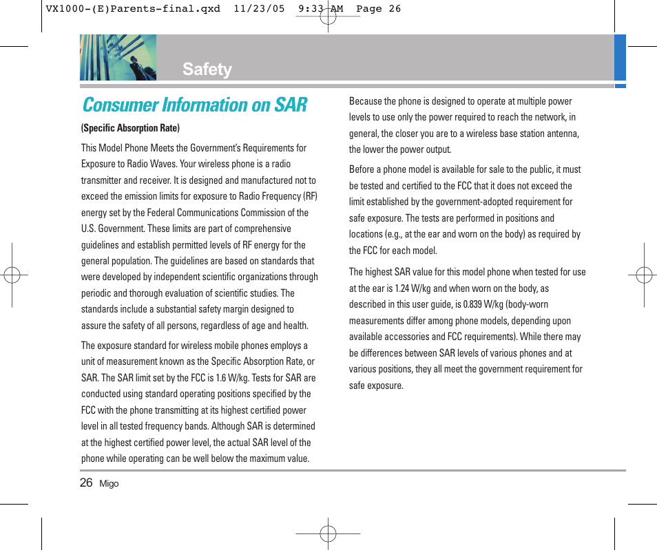 Consumer information on sar, Safety | LG VX1000 User Manual | Page 29 / 68