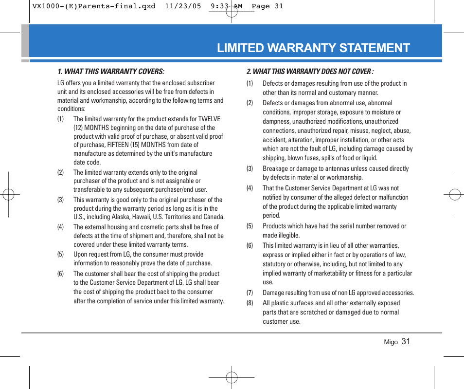 Limited warranty statement | LG VX1000 User Manual | Page 34 / 68