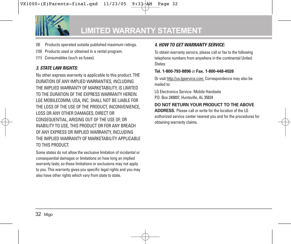 Limited warranty statement | LG VX1000 User Manual | Page 35 / 68