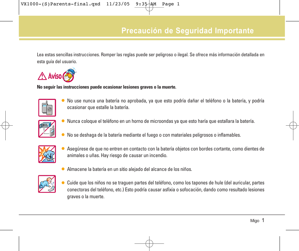 Precaución de seguridad importante | LG VX1000 User Manual | Page 37 / 68