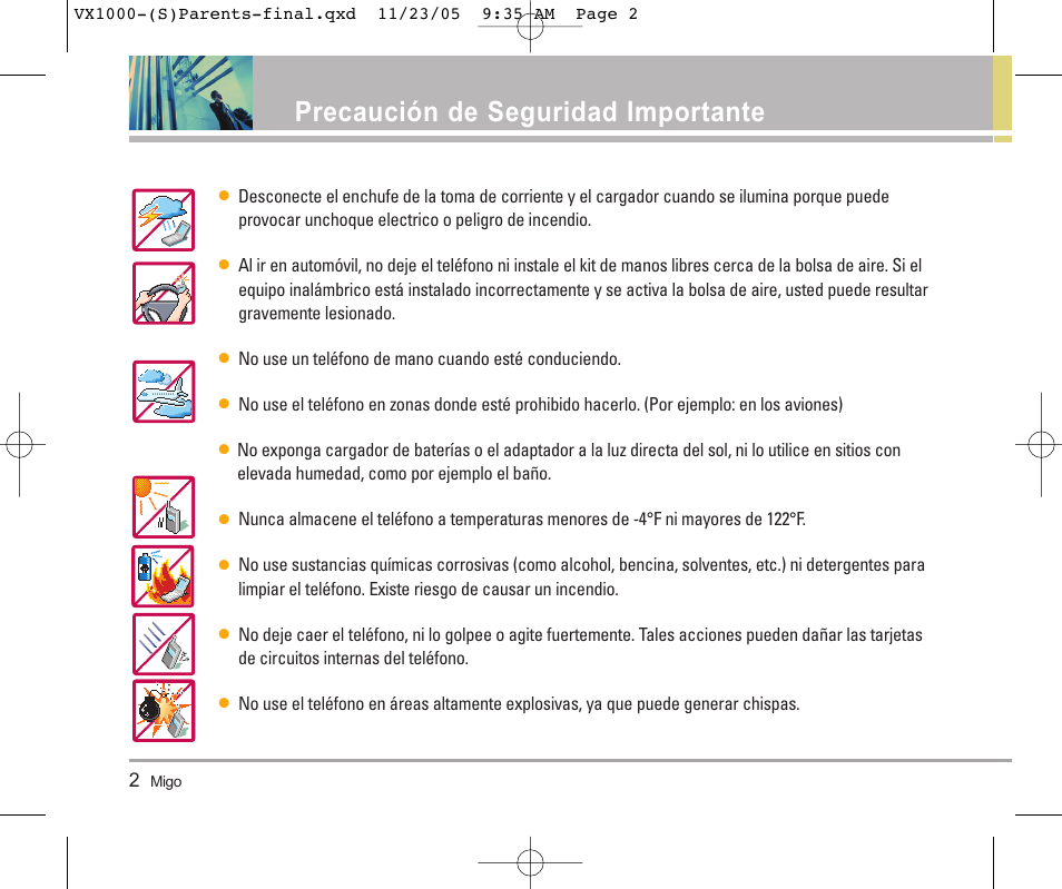 Precaución de seguridad importante | LG VX1000 User Manual | Page 38 / 68