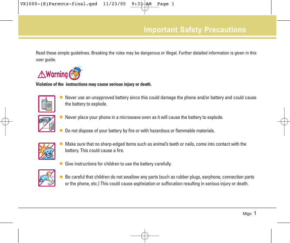 Warning, Important safety precautions | LG VX1000 User Manual | Page 4 / 68