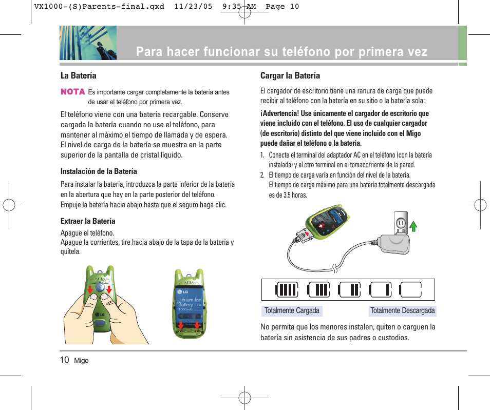 Para hacer funcionar su teléfono por primera vez | LG VX1000 User Manual | Page 46 / 68