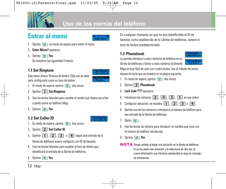 Entrar al menú, Uso de los menús del teléfono | LG VX1000 User Manual | Page 48 / 68