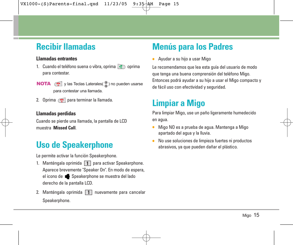 Recibir llamadas, Uso de speakerphone, Menús para los padres | Limpiar a migo | LG VX1000 User Manual | Page 51 / 68