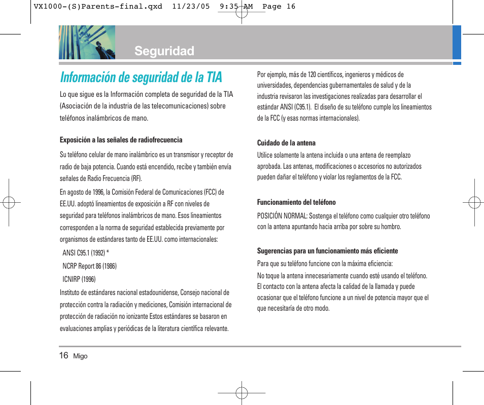 Información de seguridad de la tia, Seguridad | LG VX1000 User Manual | Page 52 / 68