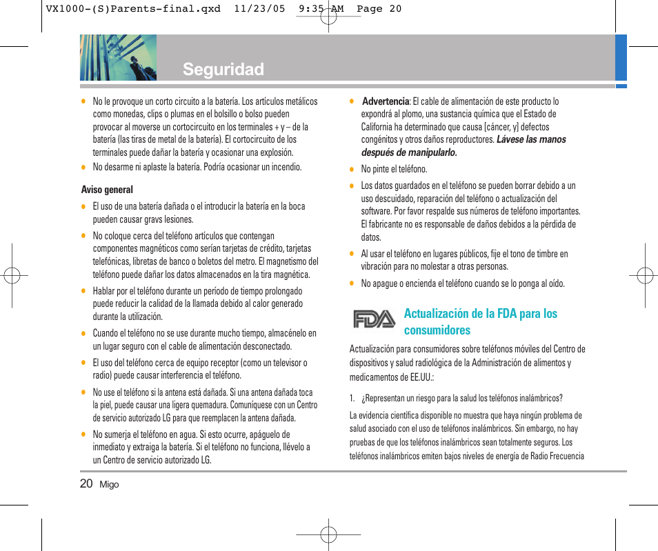 Seguridad, Actualización de la fda para los consumidores | LG VX1000 User Manual | Page 56 / 68