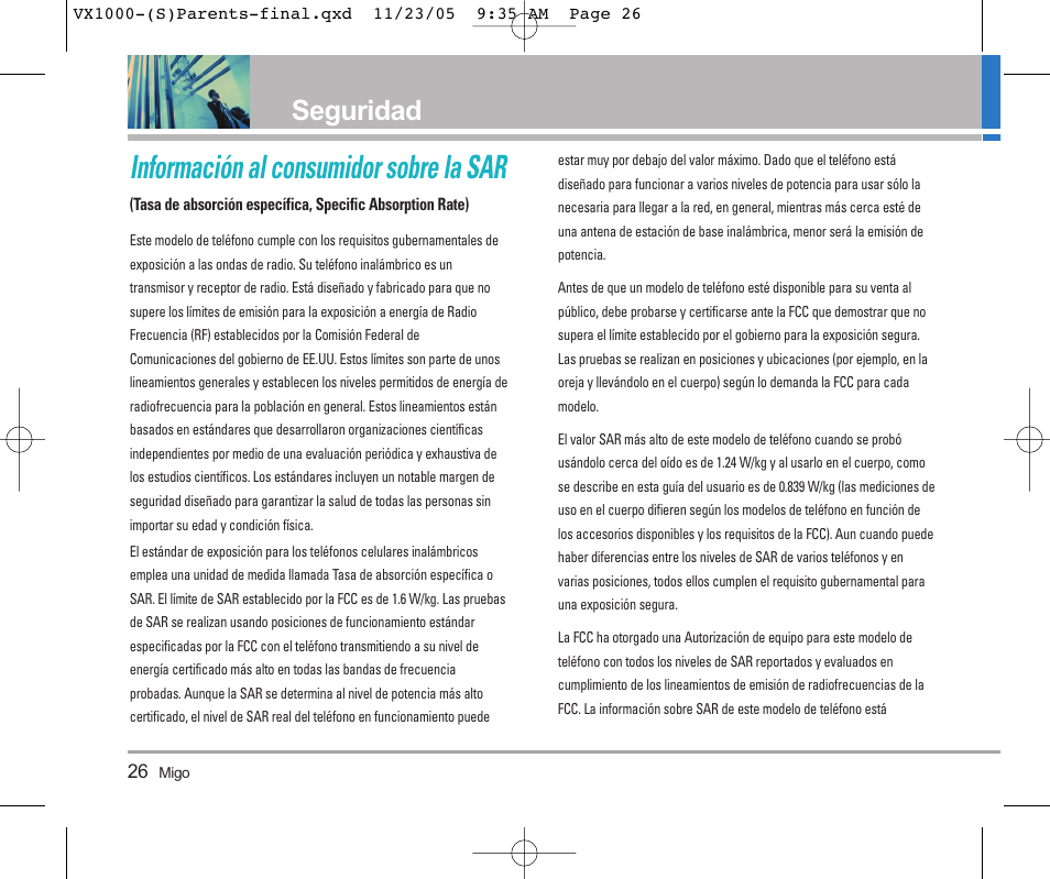 Información al consumidor sobre la sar, Seguridad | LG VX1000 User Manual | Page 62 / 68