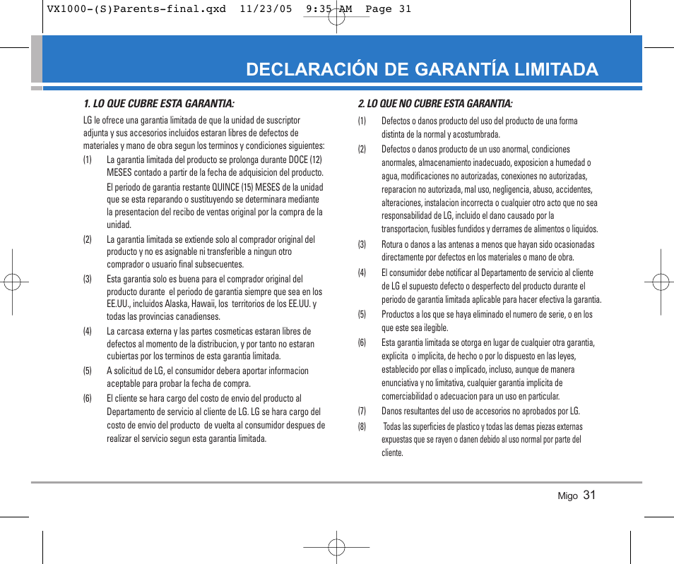 Declaración de garantía limitada | LG VX1000 User Manual | Page 67 / 68