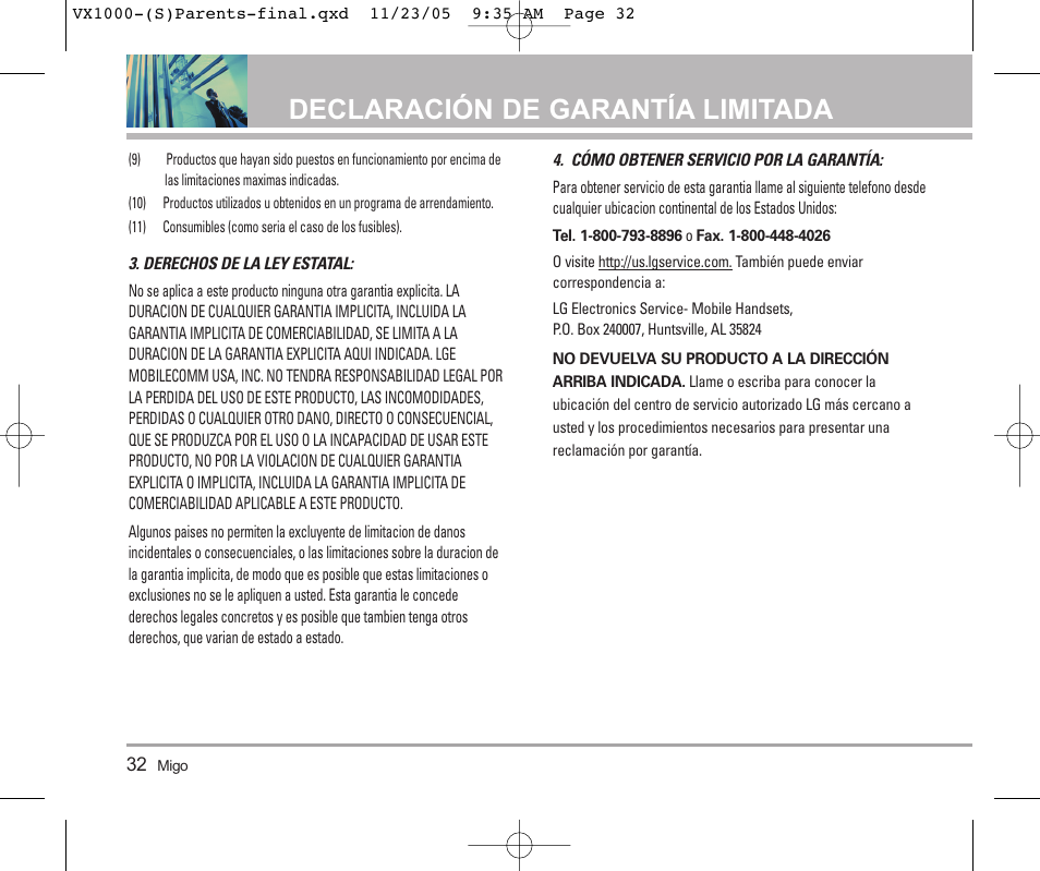 Declaración de garantía limitada | LG VX1000 User Manual | Page 68 / 68