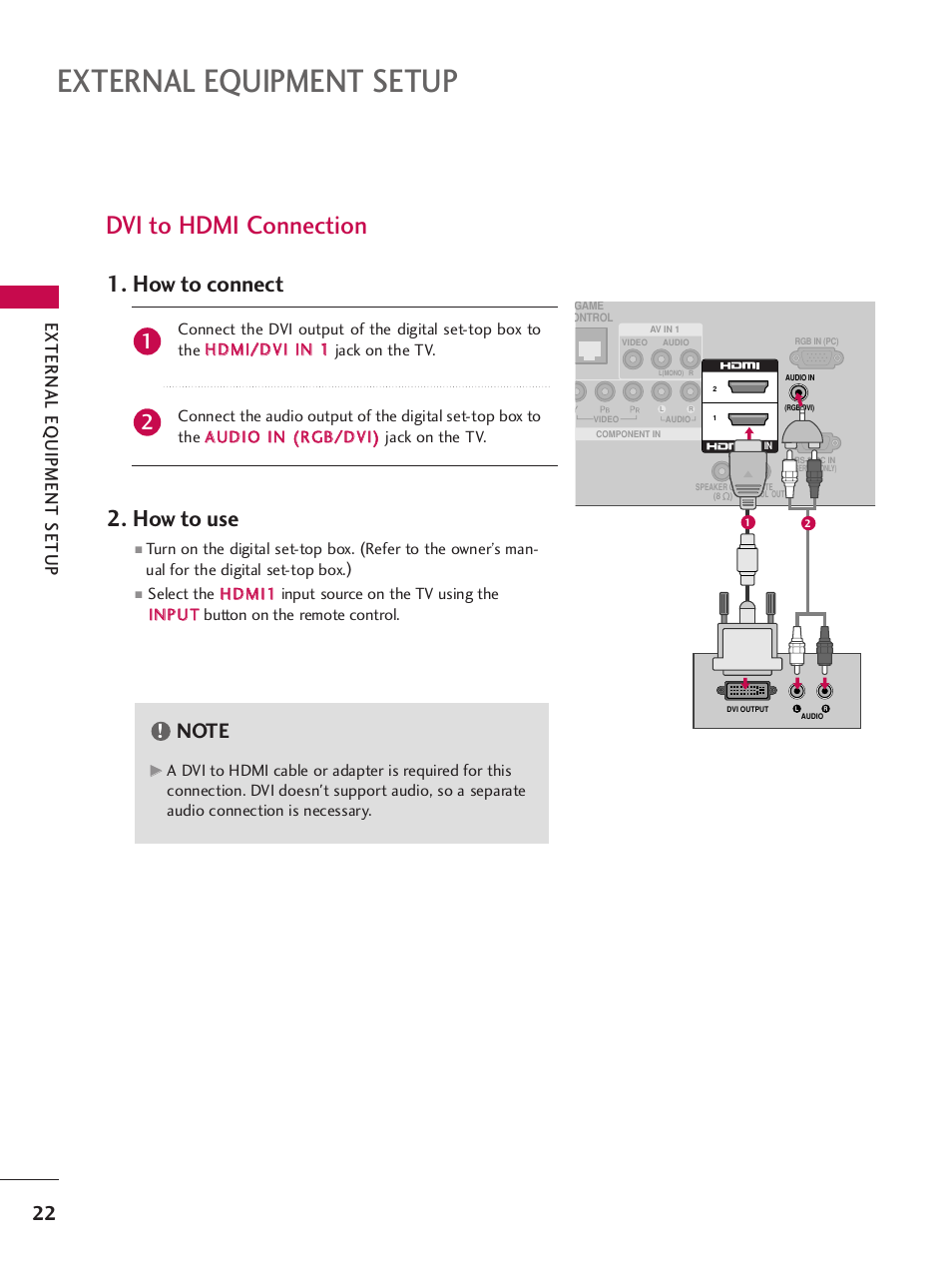 Dvi to hdmi connection, External equipment setup, How to connect 2. how to use | External eq uipment setup | LG 32LH255H User Manual | Page 24 / 156