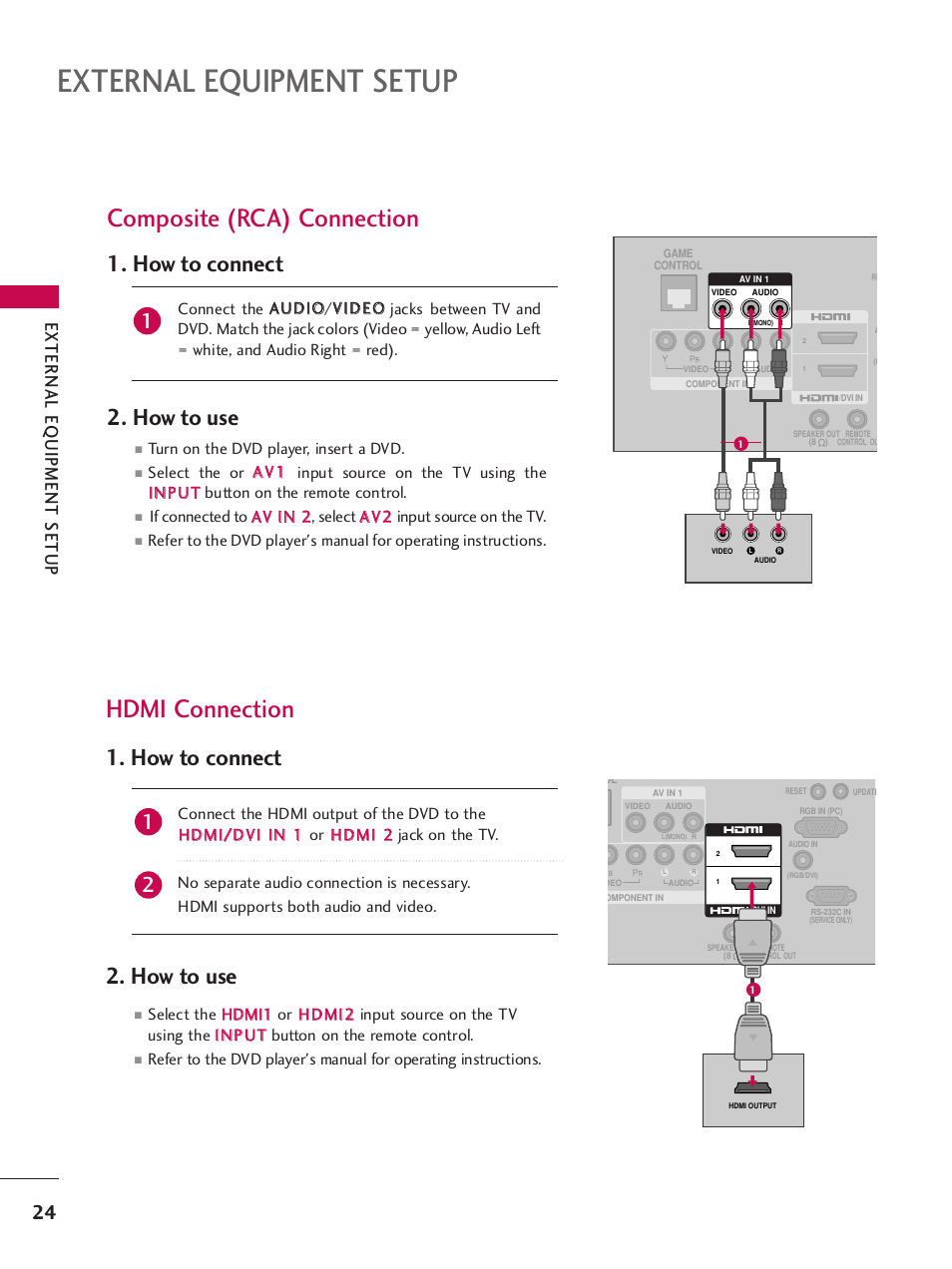 Composite (rca) connection, Hdmi connection, External equipment setup | How to connect 2. how to use, External eq uipment setup | LG 32LH255H User Manual | Page 26 / 156