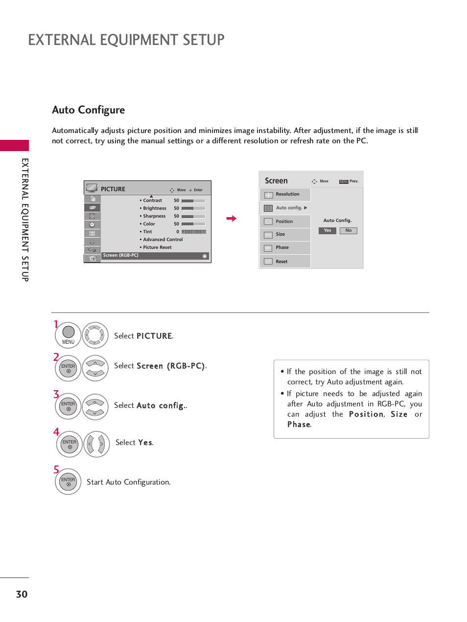 External equipment setup, Auto configure, External eq uipment setup | LG 32LH255H User Manual | Page 32 / 156