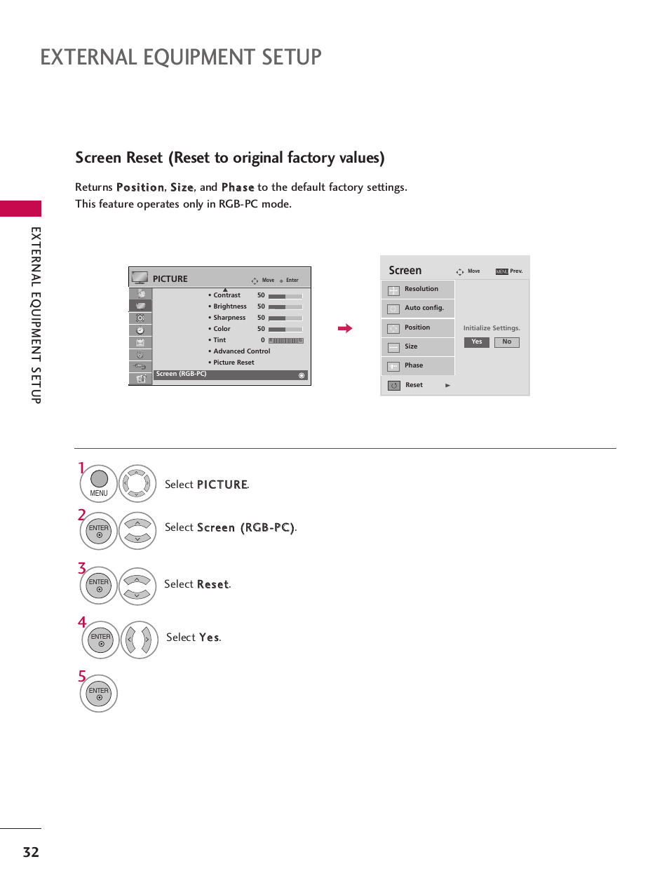 External equipment setup, Screen reset (reset to original factory values), External eq uipment setup | LG 32LH255H User Manual | Page 34 / 156