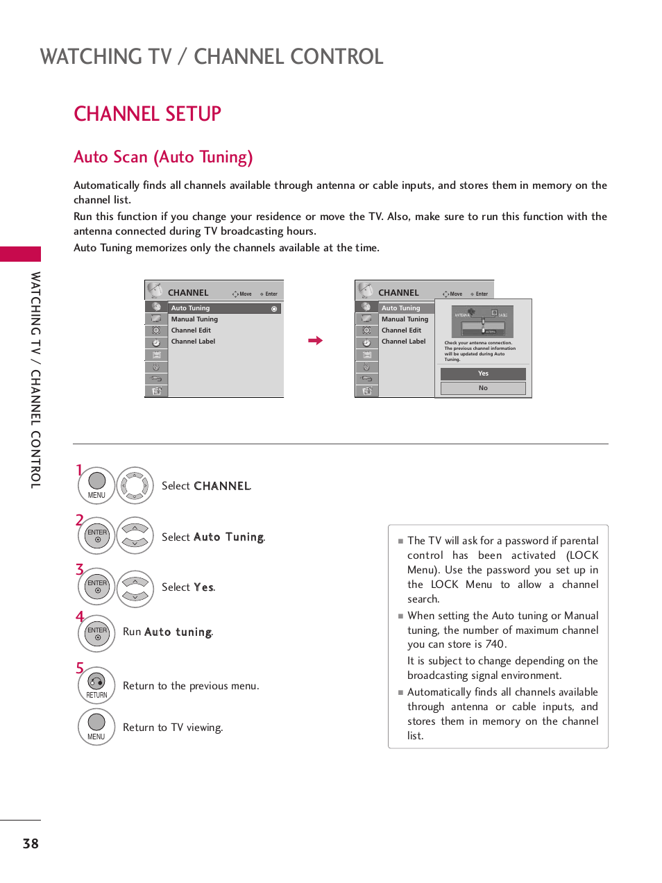 Channel setup, Auto scan (auto tuning), Watching tv / channel control | Wa tching tv / channel contr ol | LG 32LH255H User Manual | Page 40 / 156